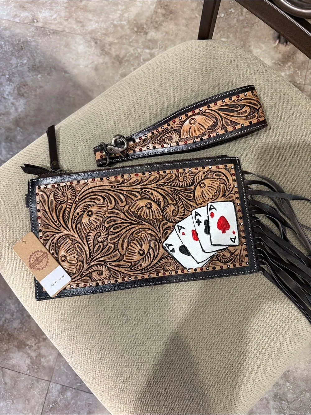 Montana West Tooled Leather Wristlet with Card Accent - Tan & Black